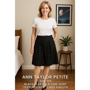 Ann Taylor Petite Womens 10P Black Pleated A-Line Skirt Textured Hem Lined Work